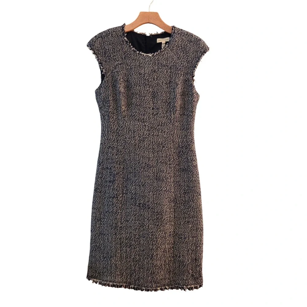 Rebecca Taylor Navy + Cream Confetti Tweed Boucle Fringe Sheath Work Dress Sz 2 - Picture 4 of 13